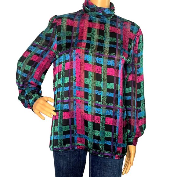 Vintage 80s Jewel Tone Abstract Plaid High Neck Satin Polyester Blouse - Picture 1 of 5